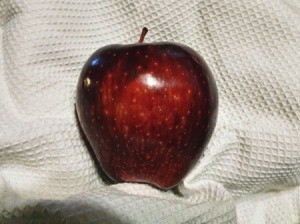 A Red Delicious apple on a white cloth.