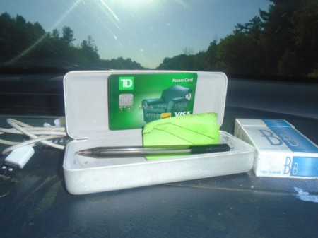 An eyeglass case storing credit cards and a pen.