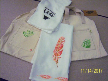 Stenciled Tea Towels or Bags - two towels and two tote bags