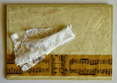 Angel Blowing On Trumpet Christmas Card - gather the lace material and glue to card to make angel's dress