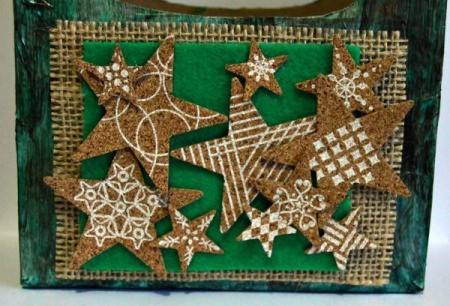 Vintage Star-Studded Christmas Gift Box - center and glue the felt in place and glue on a collage of the cork stars