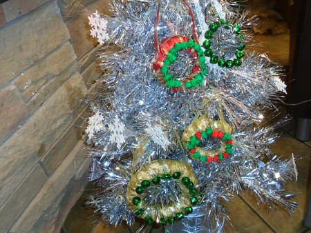 Miniature Wreaths - wreaths and silver snowflakes on silver tree