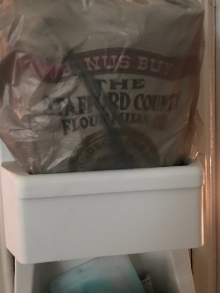 A container of flour being stored in the freezer.