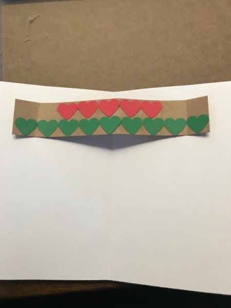 Christmas Tree Card - glue hearts to the kraft paper strip