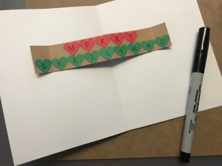 Christmas Tree Card - write Merry Christmas on the hearts