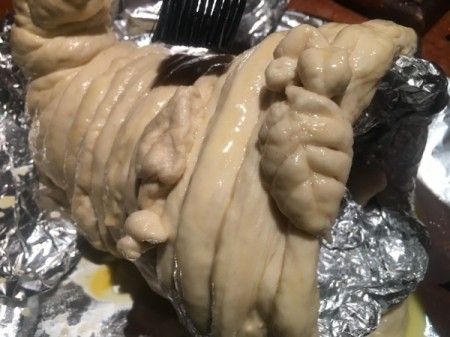 Beautiful Cornucopia Bread dough washed with egg water