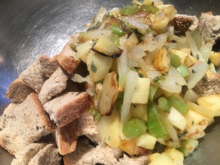 cooked apple, onion and celery with bread