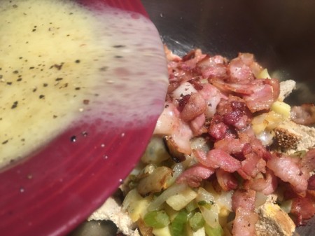 adding egg chicken broth to Bacon Apple Stuffing