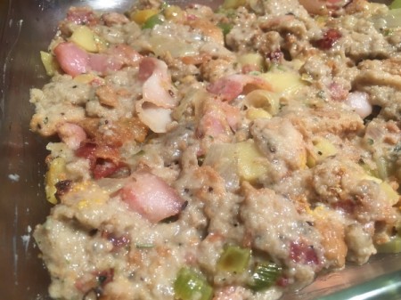 Bacon Apple Stuffing mixed in baking dish
