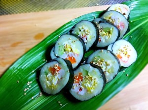 Mashed Potato Sushi served on banana leaf