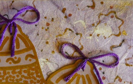 Trio of Bells Christmas Card - use a paint brush and dusting powder to add gold shimmer to card