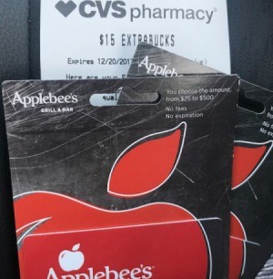Applebee's gift cards purchased at a CVS pharmacy.