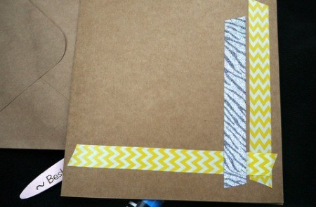 Handcrafted Greeting Card with Stickers and Tape - apply a slightly shorter piece of a new style of tape to the left of the original strip along right side