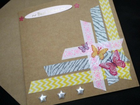Handcrafted Greeting Card with Stickers and Tape - added greeting glued on and stars along the bottom left of the decorative tape