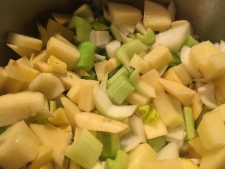 added celery, onion, potato and apples to pan