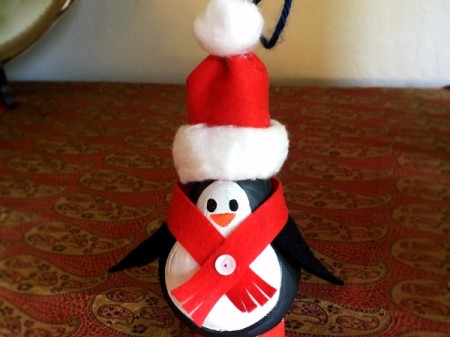Upcycled Light Bulb Penguin - embellishment on scarf