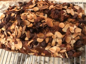 Chocolate Almond Topped Banana Bread on rack