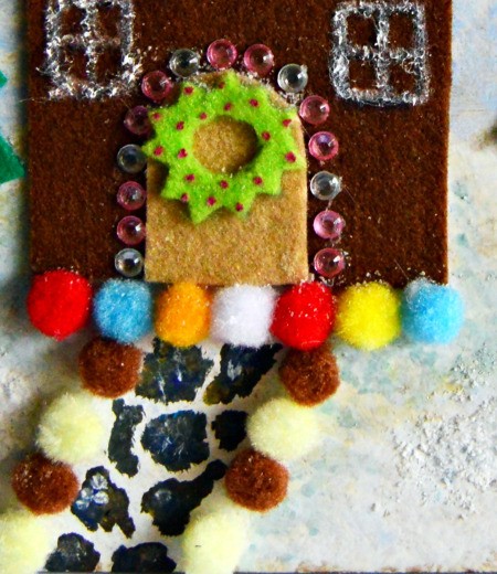 Gingerbread House Christmas Collage - closeup of house with pom poms, and path, and wreath details