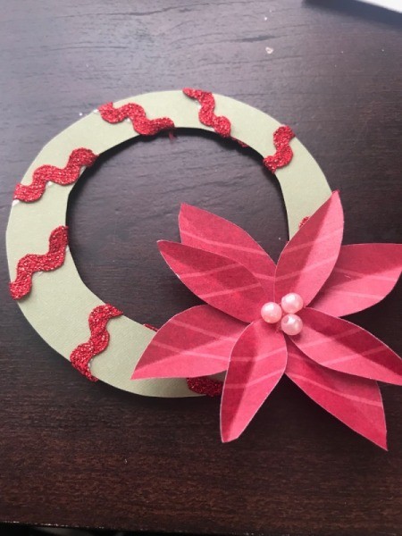 Christmas Wreath and Tree Holiday Card - glue poinsettia to wreath and add beads to center