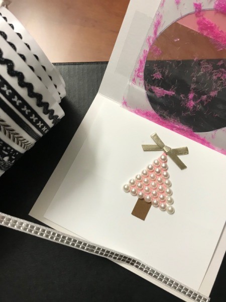 Christmas Snow Globe Card - add adhesive trim ribbon to lower edge inside card