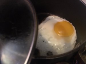 A perfectly cooked basted egg.