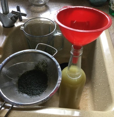 straining Mint Oil into bottle