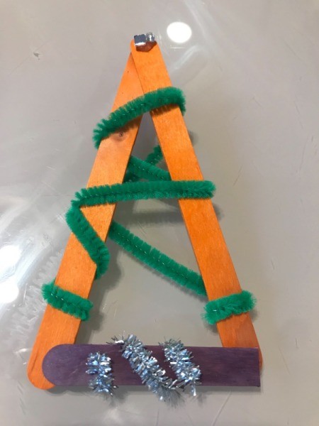 Popsicle Stick Christmas Tree Ornaments - wrapped with pipe cleaner