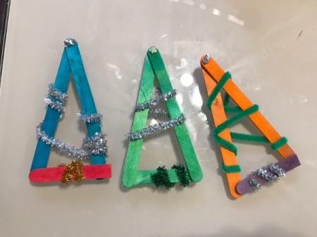 Popsicle Stick Christmas Tree Ornaments - three finished tree ornaments
