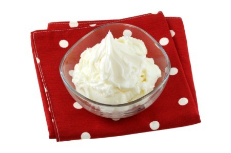 Bowl of vegetable shortening on a red polka dot napkin.