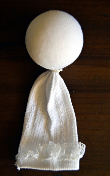 Lace Frill Sock Christmas Angel - use thread to wrap around below the ball and tie in place