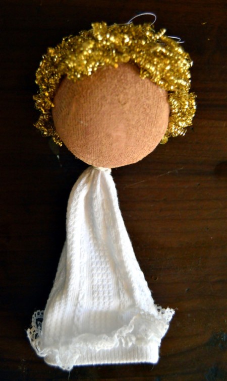 Lace Frill Sock Christmas Angel - glue cut pieces of brass scourer to head for hair