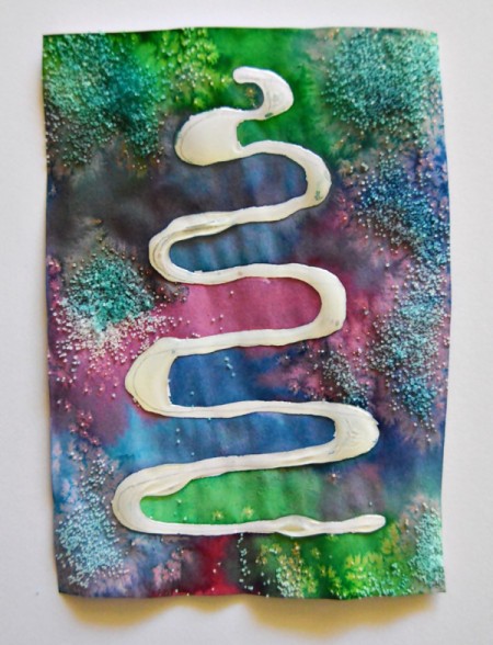 Oh Christmas Tree Card - mix food coloring with water and paint around the tree, allowing color to intermingle, add salt to some areas and allow to dry