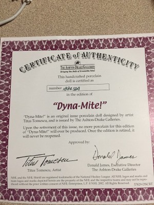 Value of Detroit Red Wing Doll - certificate