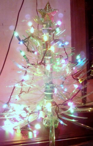 Plastic Bottle Christmas Tree - close up of tree with lights