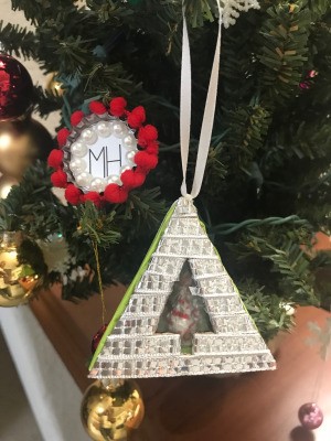 Christmas Triangle Candy Box Ornament - ornament on tree next to bottle cap ornament
