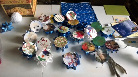 Christmas Card and Bow Window Decoration - finished assortment of card circles with bows attached