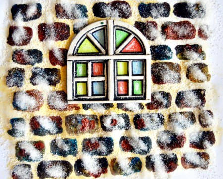 Stained Glass Church Window Christmas Card - use three colors to paint in bricks, add salt to paint while still wet
