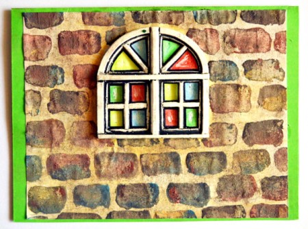 Stained Glass Church Window Christmas Card - cut green paper for card, and carefully glue painting down thoroughly to stretch the paper