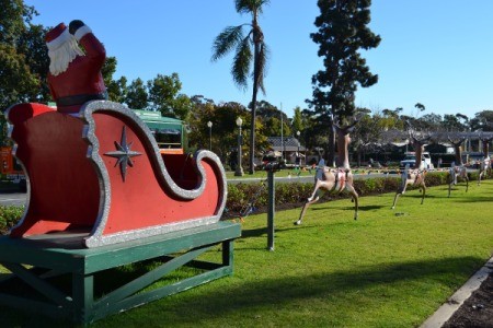 A Christmas sled decoration in Balboa Park