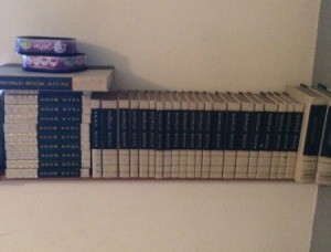 Value of the Encyclopedia Britannica - white leather bound volumes on a shelf