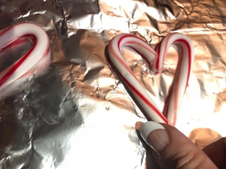 Candy Cane Hearts - bake for 4 minuted to soften and mash together to make heart shapes