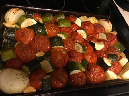 Roasted vegetables for tomato soup.