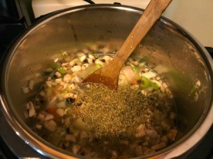 A pot of soup ingredients before being pressure cooked.