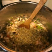 A pot of soup ingredients before being pressure cooked.