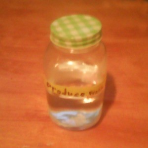 A bottle of homemade produce wash.