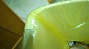 An air pocket in a bag inside a kitchen trash can.