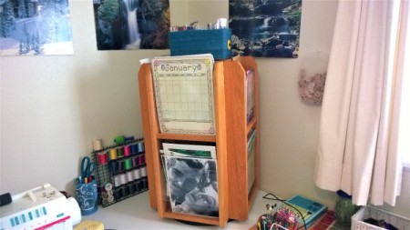 A magazine rack storing many items.