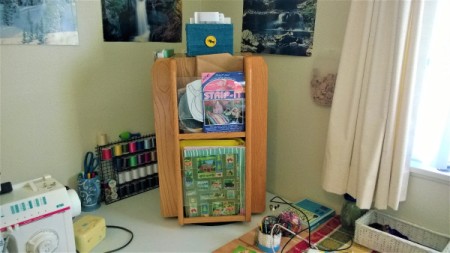 A magazine rack storing many items.