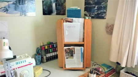 A magazine rack storing many items.