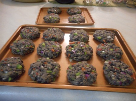 Black Bean Veggie Burgers formed on cookie sheet
